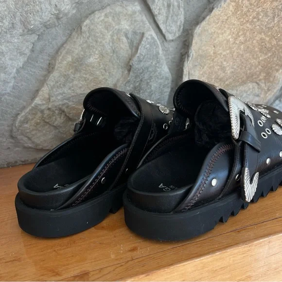 TOGA VIRILIS Men’s Black Eyelet Metal Sabot Slip-on Loafers Embellished Slippers - Picture 5 of 9